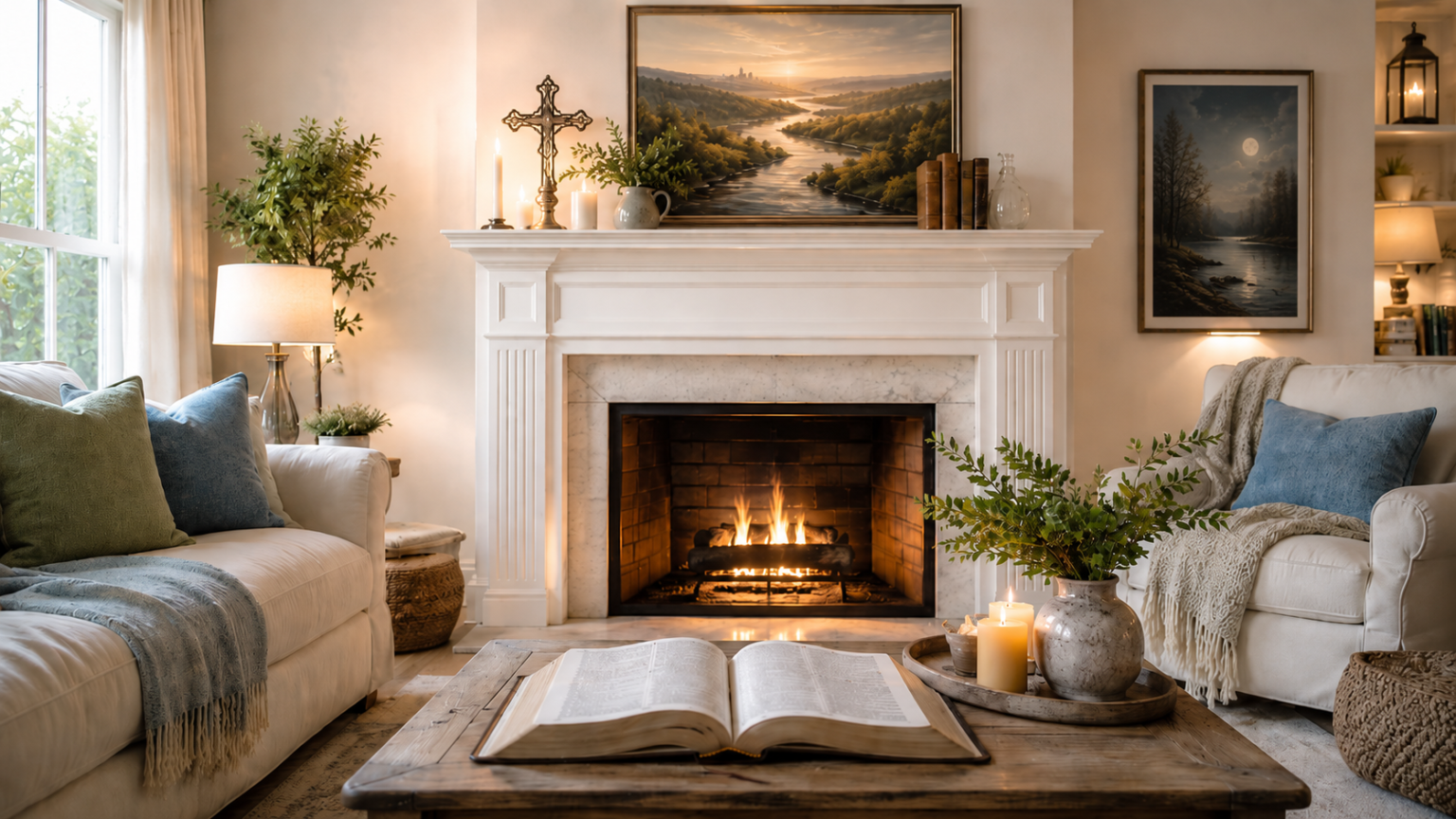 A warmly lit living room with a glowing fireplace, a cross on the mantel, and an open Bible on the table